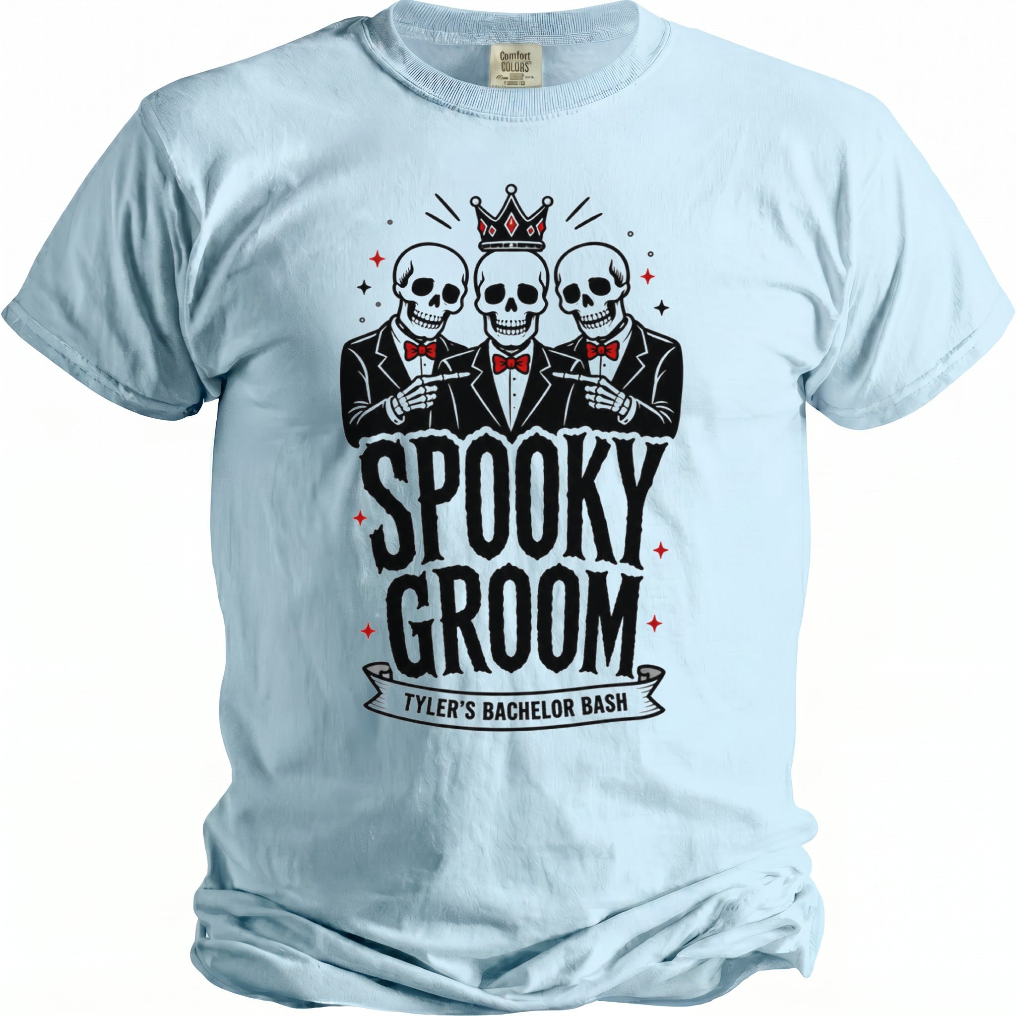 Light blue t-shirt with "Spooky Groom Tyler's Bachelor Bash" graphic.
