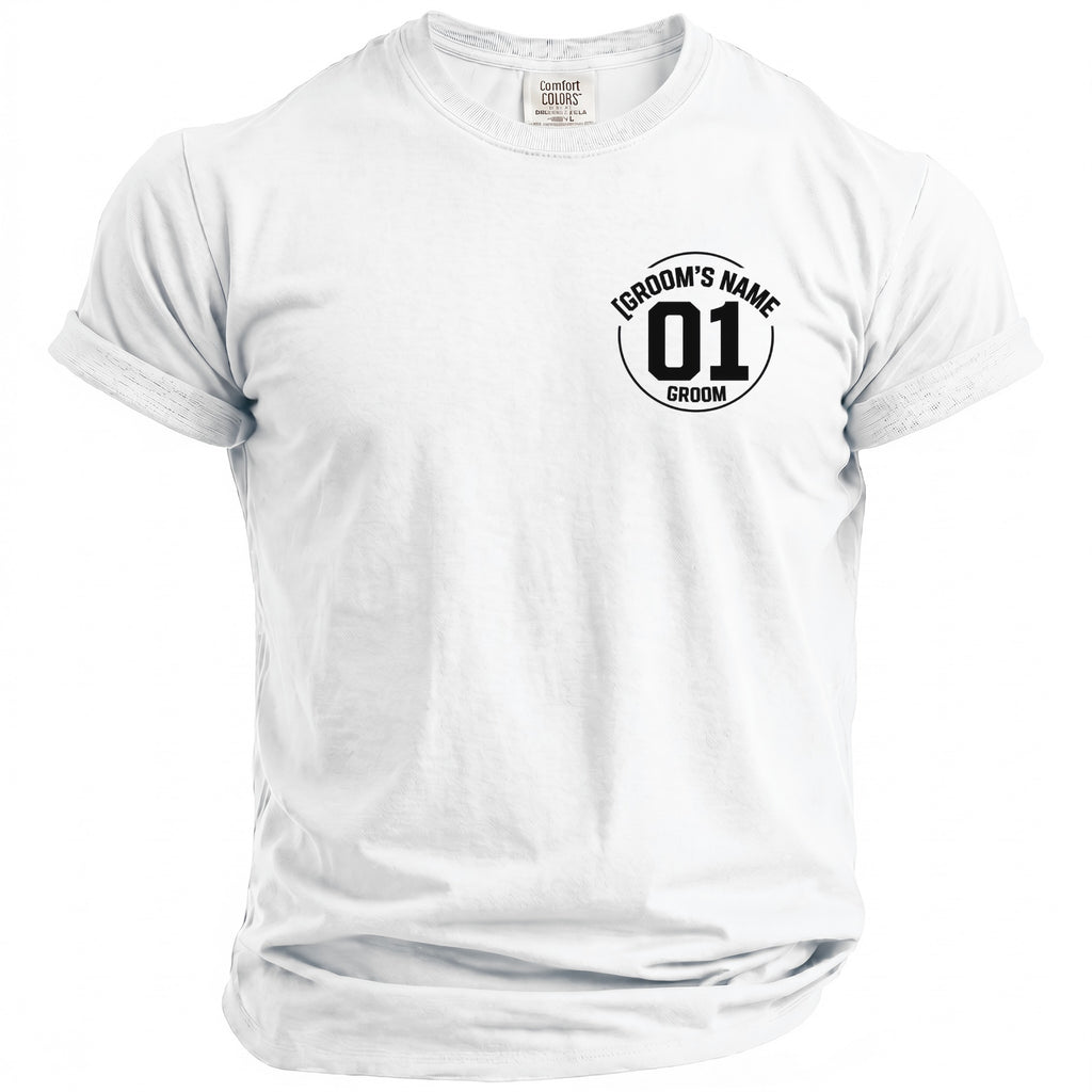 White t-shirt with black text and graphics reading "Groom's Name 01 Groom".