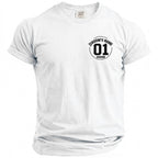 White t-shirt with black text and graphics reading "Groom's Name 01 Groom".