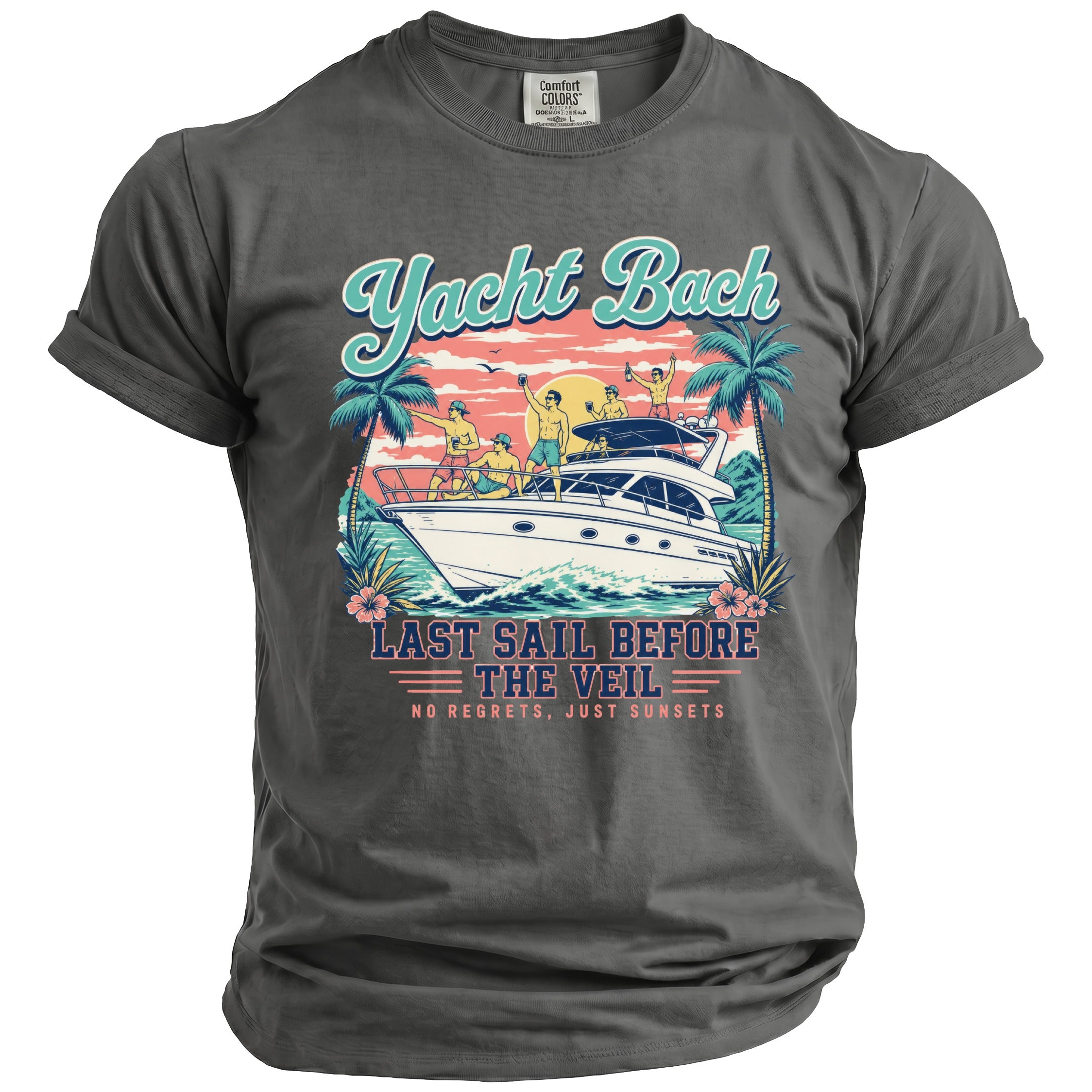 A dark grey t-shirt featuring a retro graphic of people on a yacht during sunset with text reading Yacht Bach and Last Sail Before The Veil.