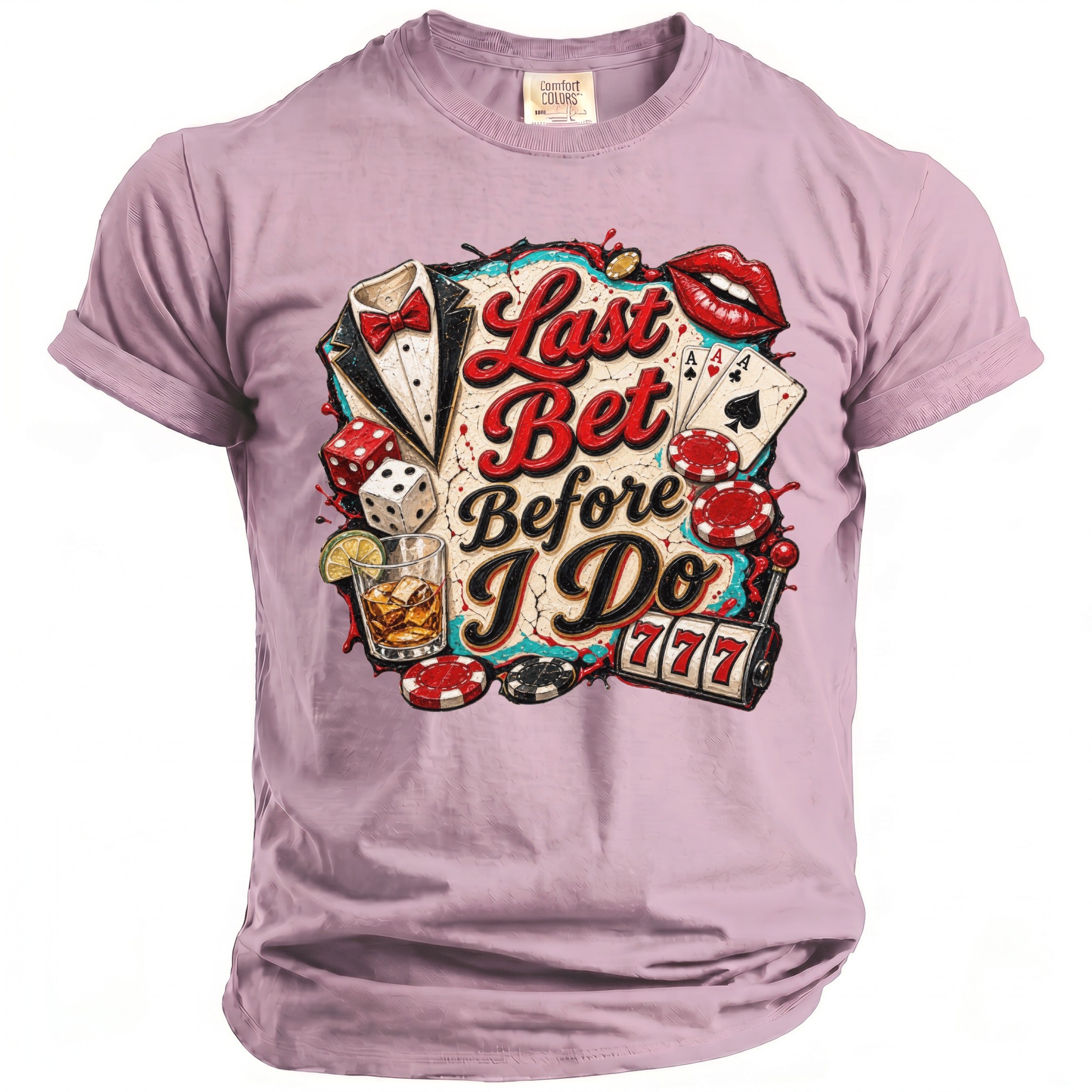Lavender t-shirt with "Last Bet Before I Do" text and gambling graphics.