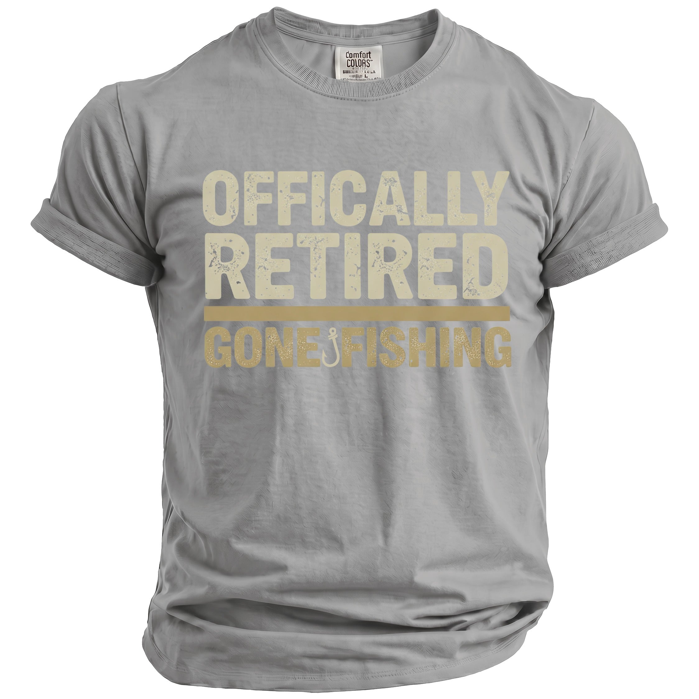 Grey t-shirt with distressed text "OFFICALLY RETIRED GONE FISHING" and a fishing hook.