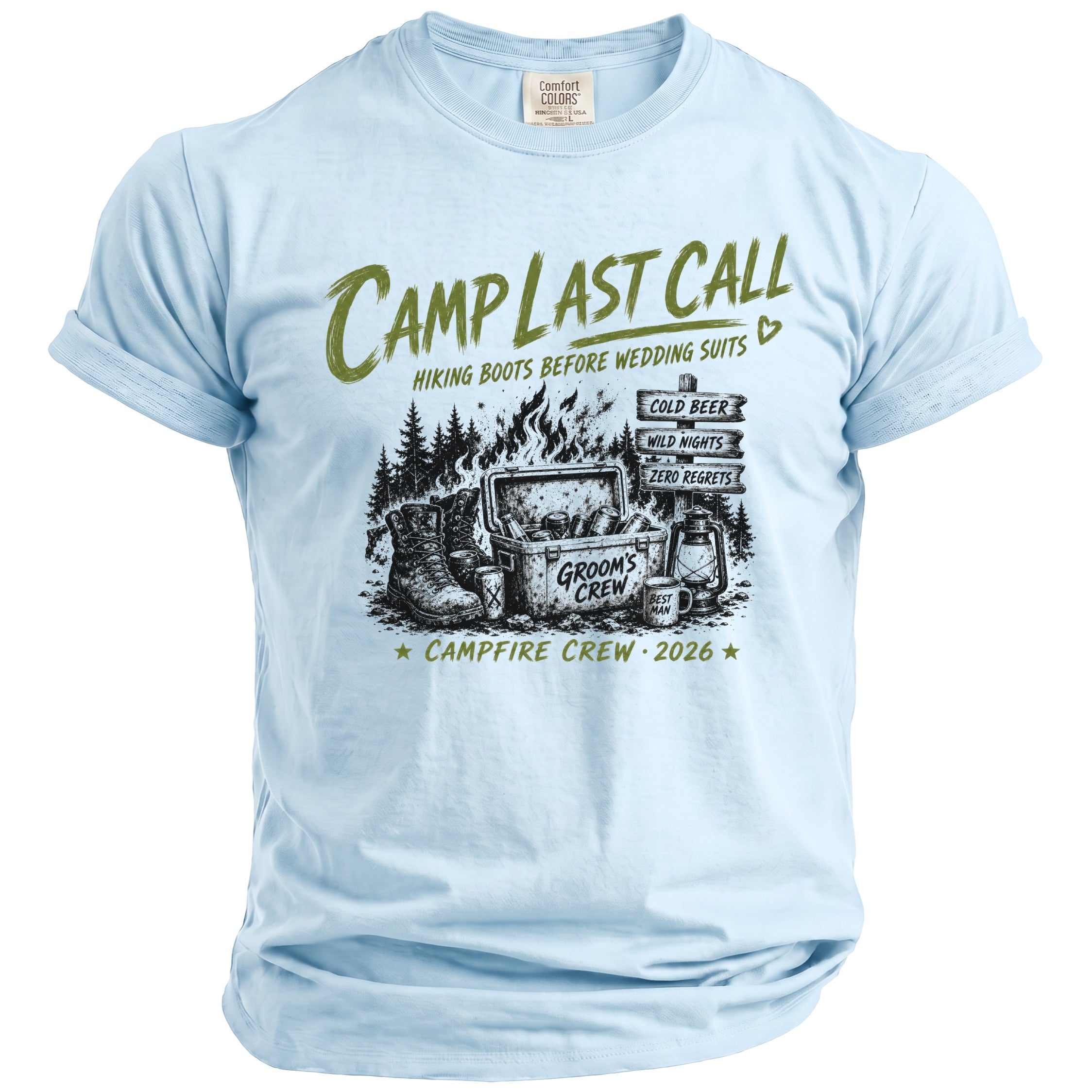 Light blue t-shirt with "Camp Last Call" graphic, boots, cooler, and campfire.