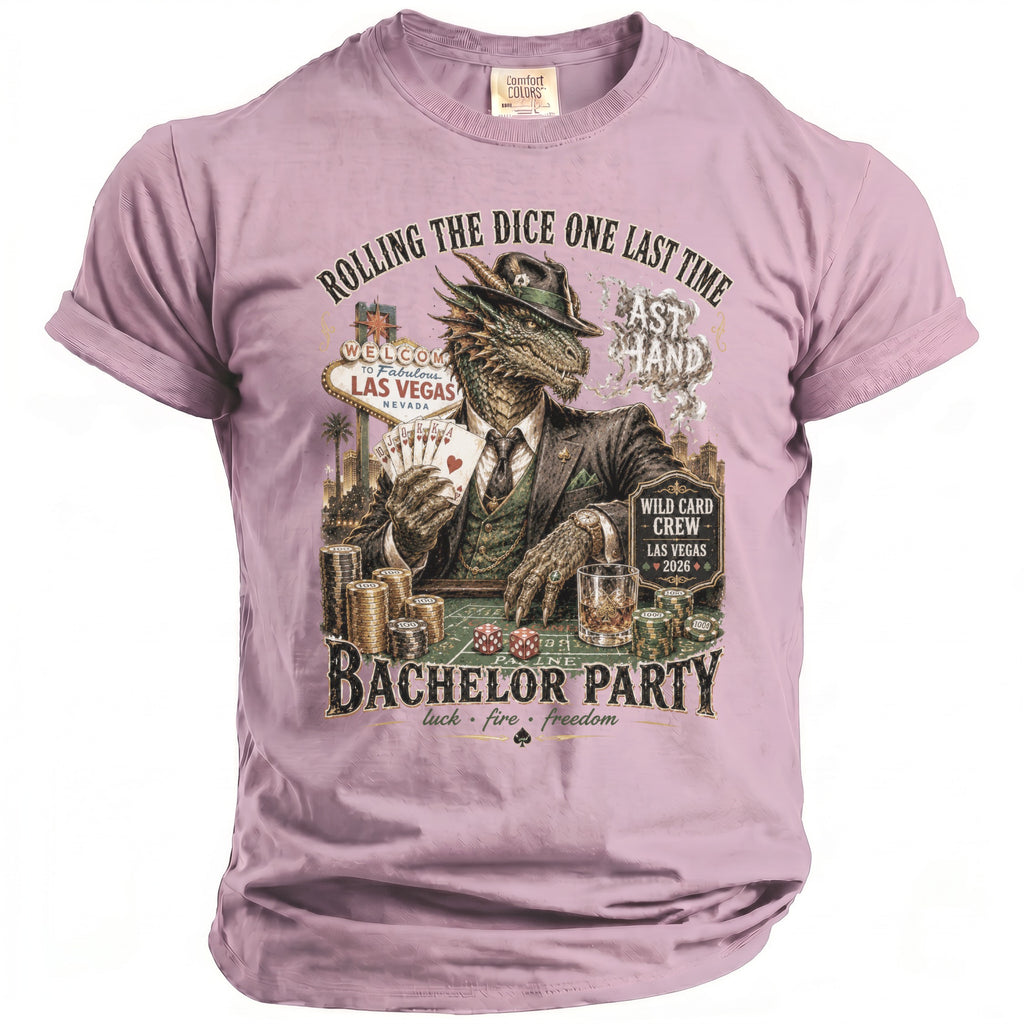 Dragon in a suit at a poker table with "Bachelor Party" text.