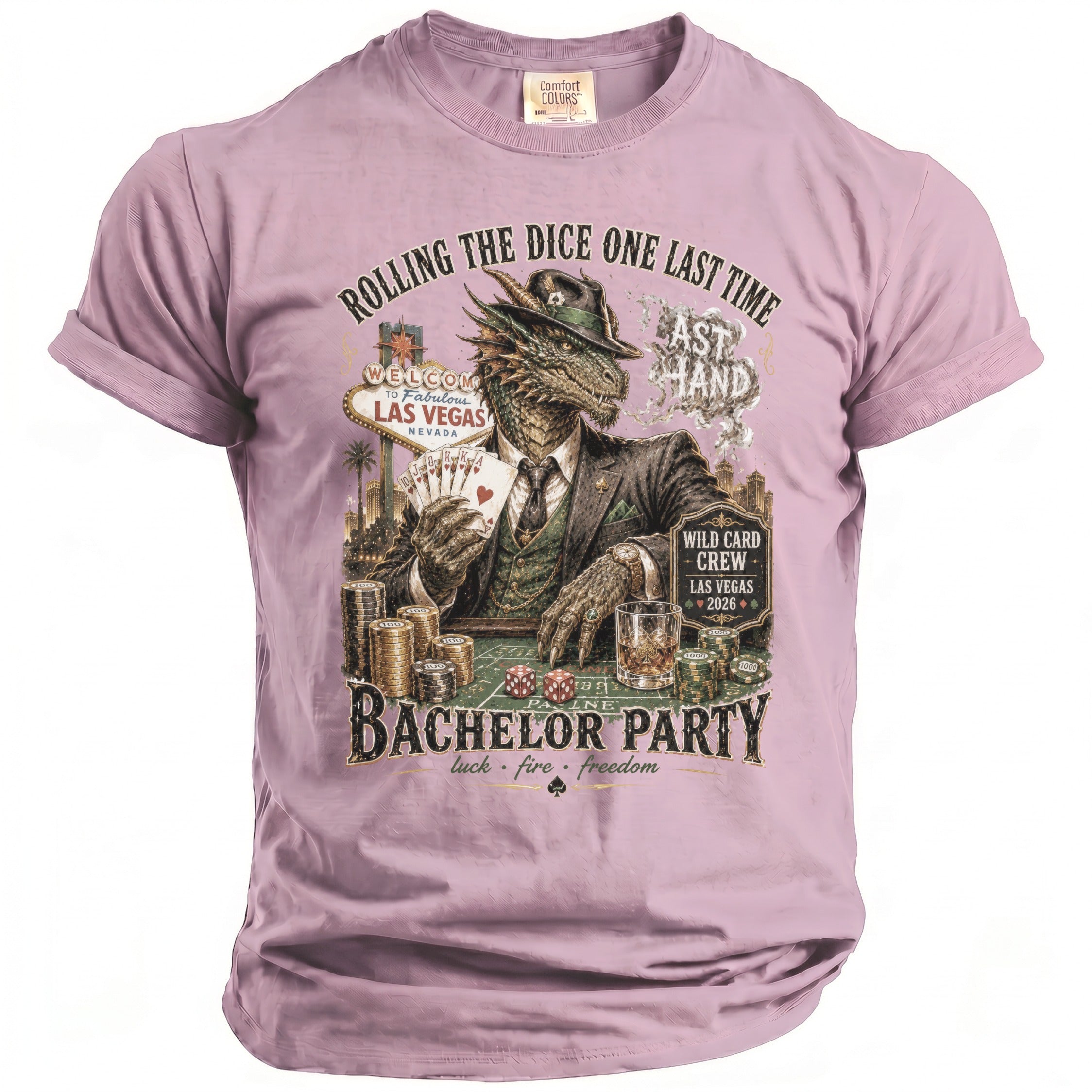 Dragon in a suit at a poker table with "Bachelor Party" text.