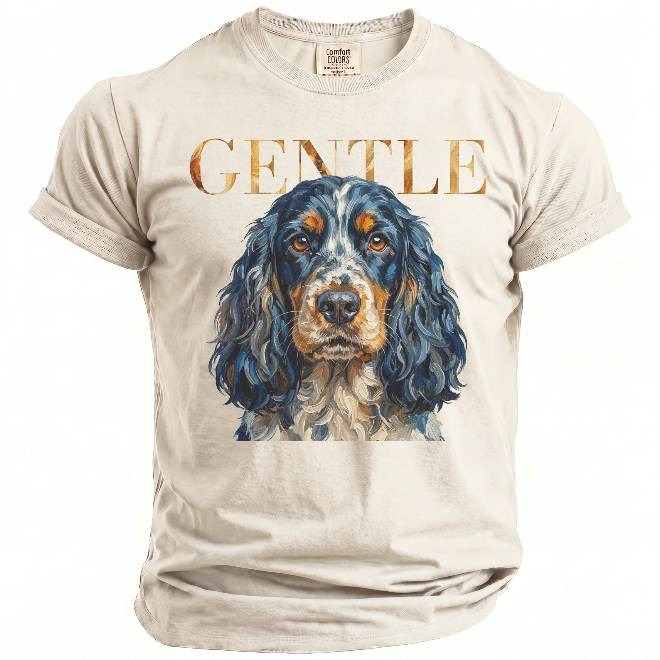 T-shirt with "GENTLE" text and a painted portrait of a dog.