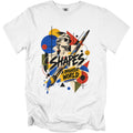 White t-shirt with a graphic of a statue wearing sunglasses and a paintbrush with text "SHAPES A BRIGHTER WORLD."
