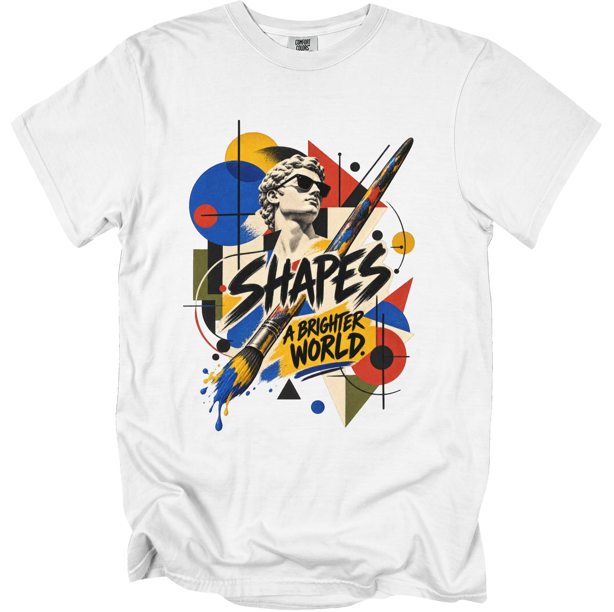 White t-shirt with a graphic of a statue wearing sunglasses and a paintbrush with text "SHAPES A BRIGHTER WORLD."