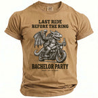 Tan t-shirt with a dragon riding a motorcycle and text "LAST RIDE BEFORE THE RING BACHELOR PARTY".