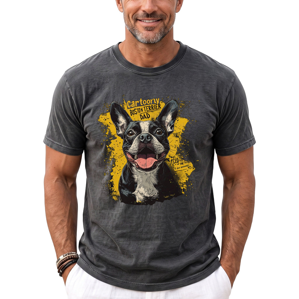 Grey t-shirt with a cartoon Boston Terrier and text "Cartoony Boston Terrier Dad"