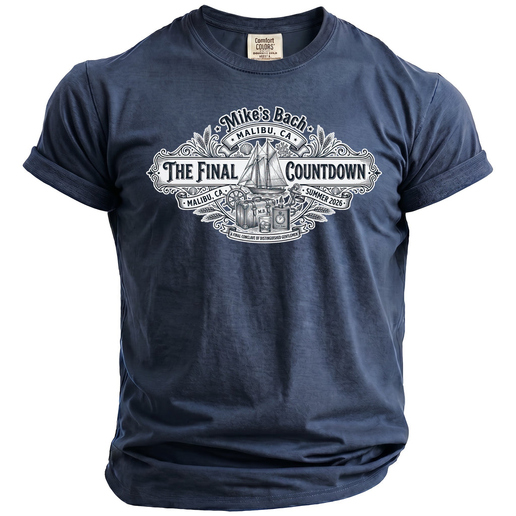 Navy t-shirt with The Final Countdown graphic, sailboat, luggage, and text.