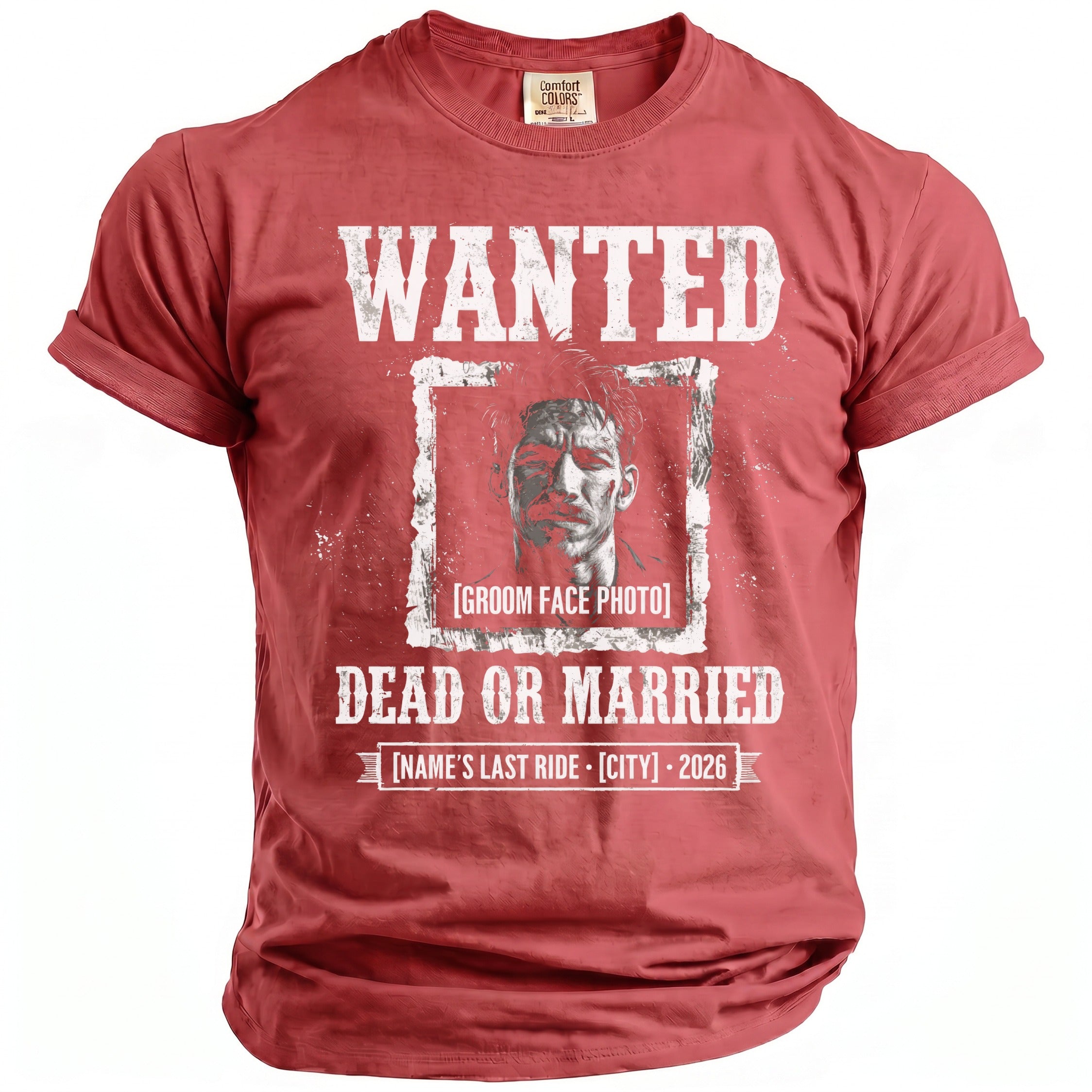 Red t-shirt with "Wanted Dead or Married" graphic featuring a groom's face.