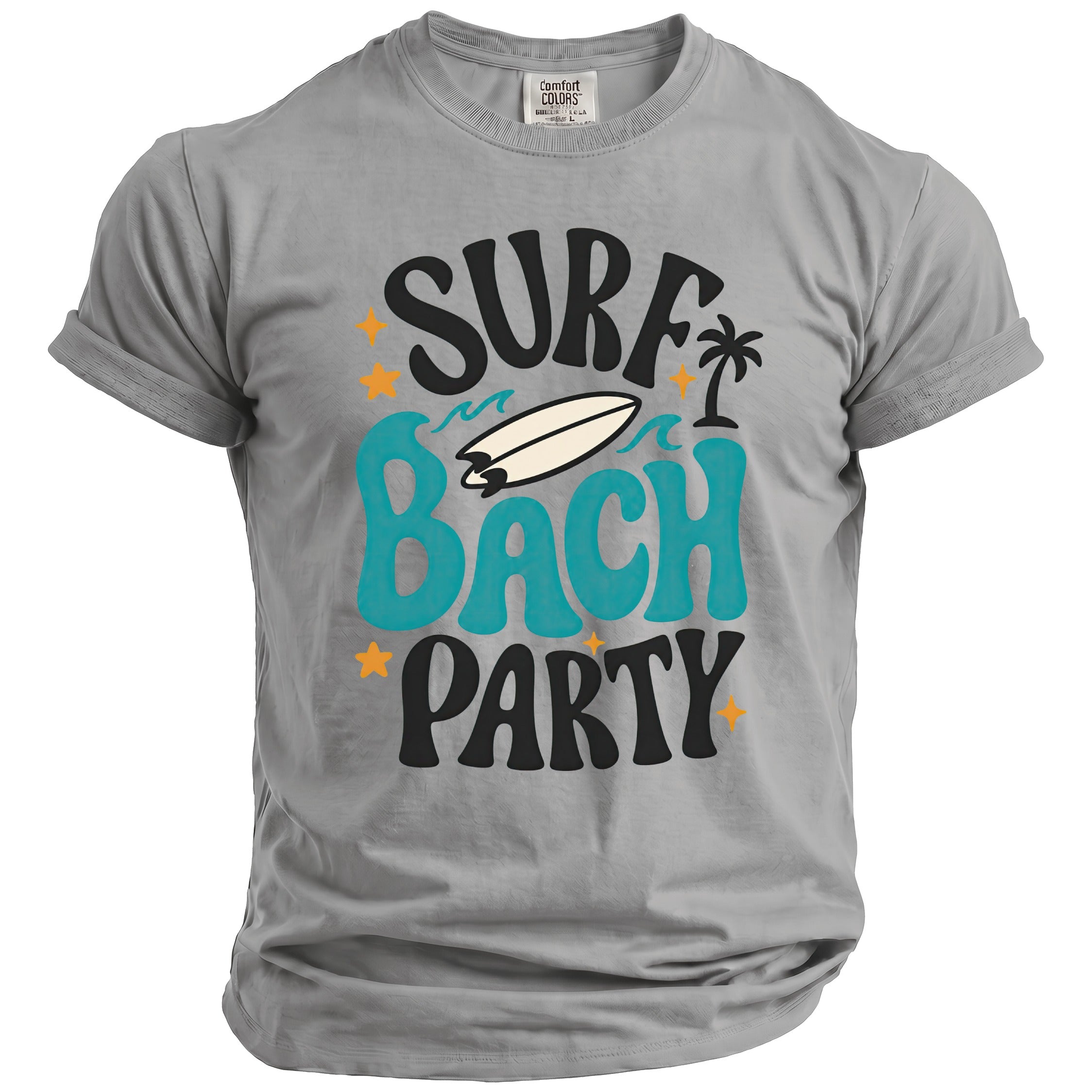 Grey t-shirt with "Surf Bach Party" text, surfboard, waves, palm tree, and stars.