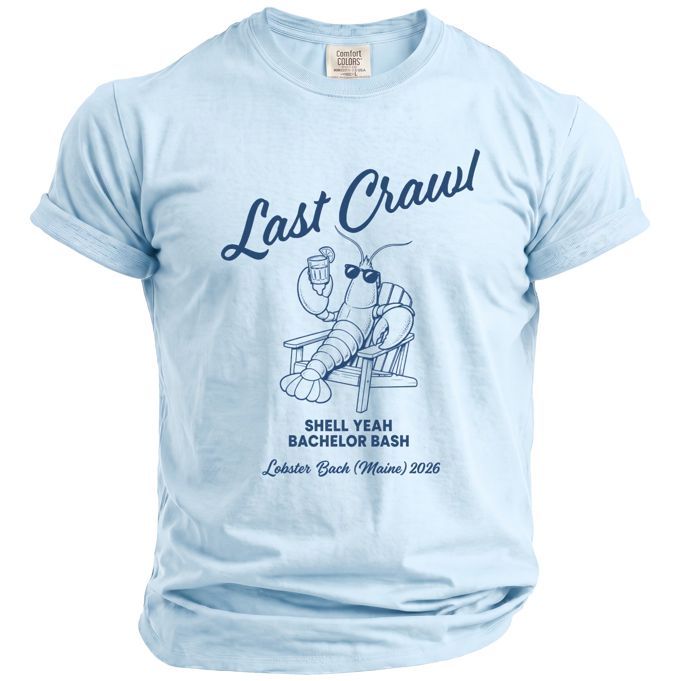 Light blue t-shirt with "Last Crawl" and lobster graphic for Lobster Bach (Maine) 2026.