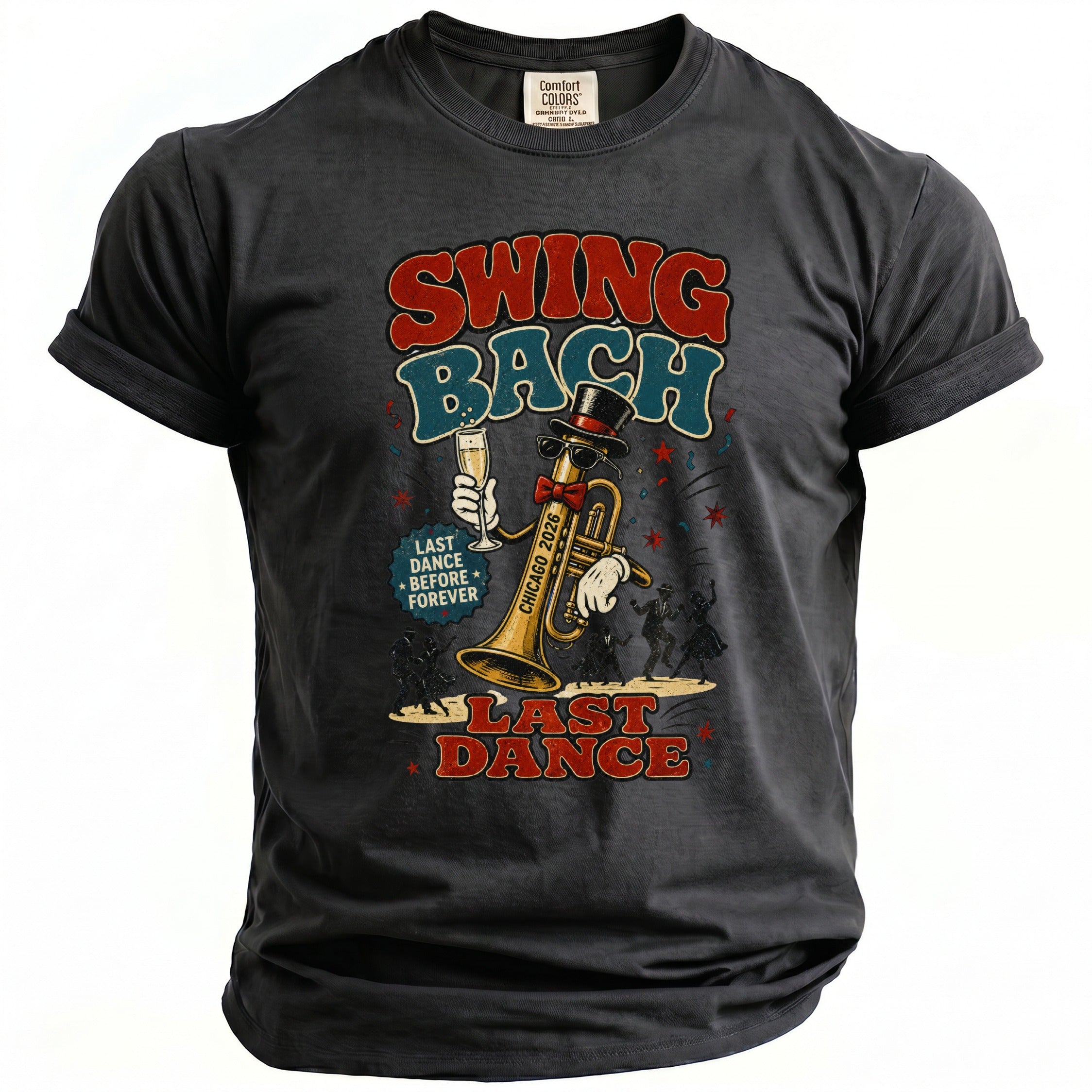 T-shirt with "Swing Bach" and "Last Dance" graphics featuring a trumpet character.