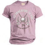 Faded purple t-shirt with "Last Swing Before The Ring" and "Bachelor Weekend 2026" graphic.