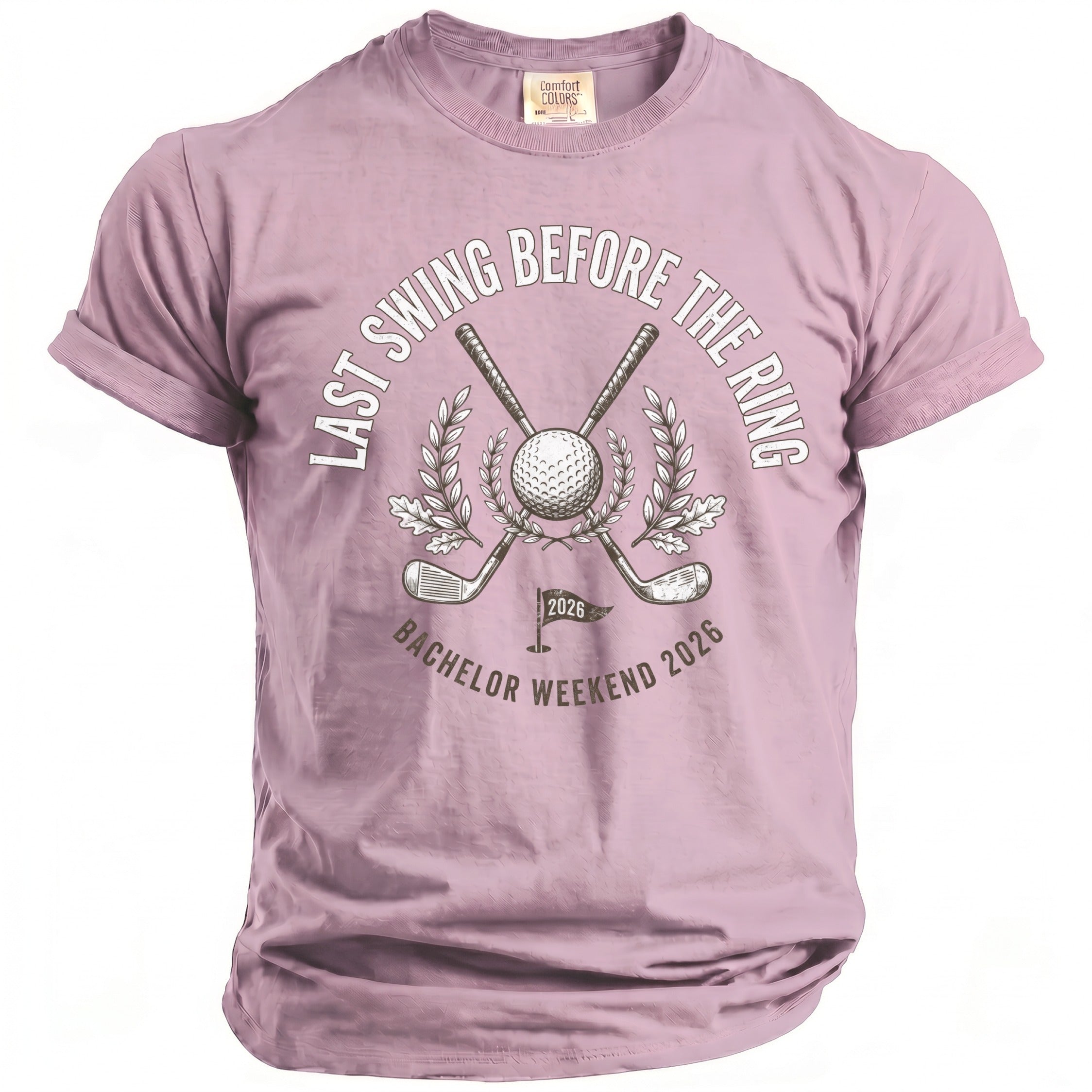 Faded purple t-shirt with "Last Swing Before The Ring" and "Bachelor Weekend 2026" graphic.