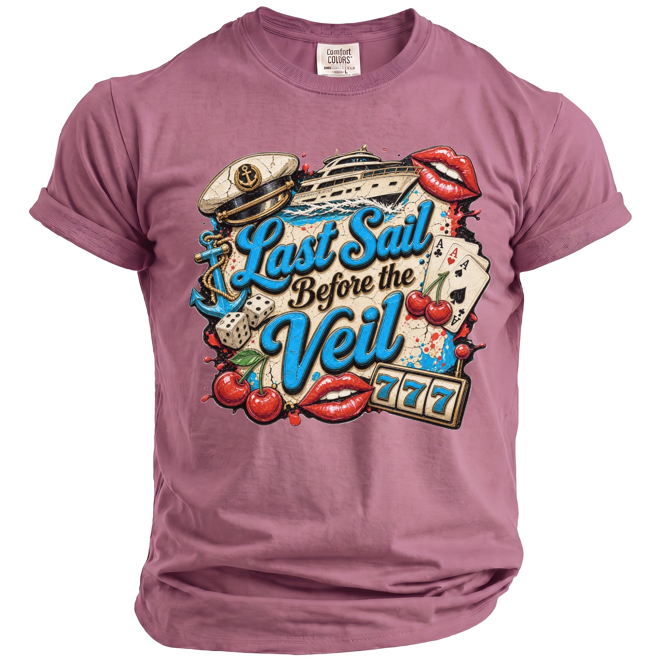 A mauve short-sleeve t-shirt with a graphic print featuring the text Last Sail Before the Veil, a yacht, and nautical and casino motifs.