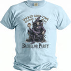 Light blue t-shirt with a wizard holding a ring and text "Bachelor Party"