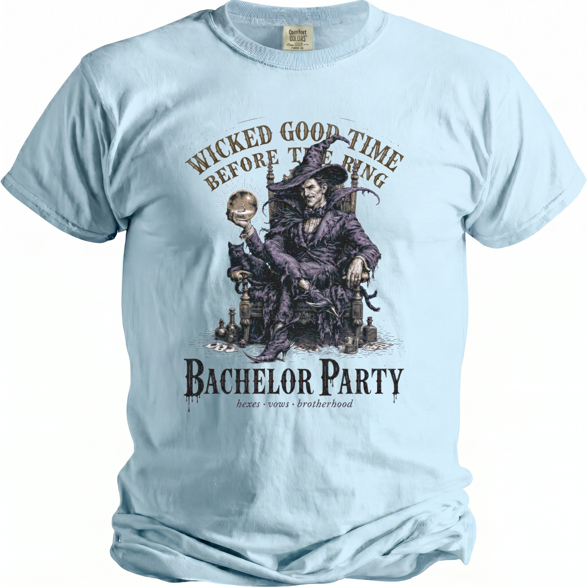 Light blue t-shirt with a wizard holding a ring and text "Bachelor Party"