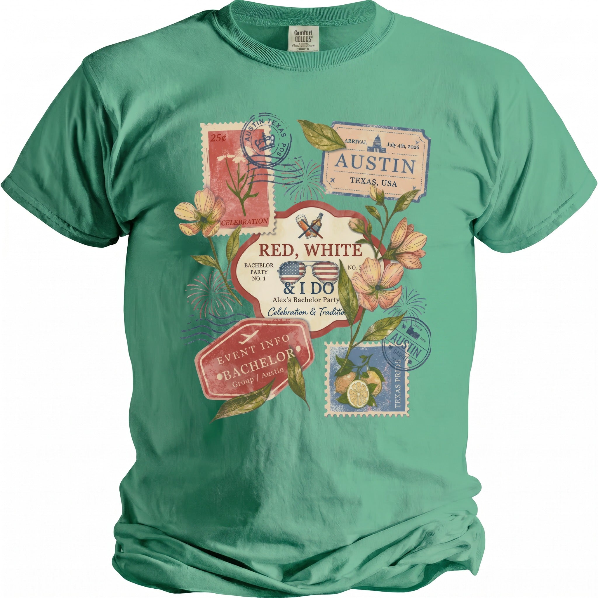 Green t-shirt with "Red, White & I Do Austin Texas Bachelor Party" graphic.