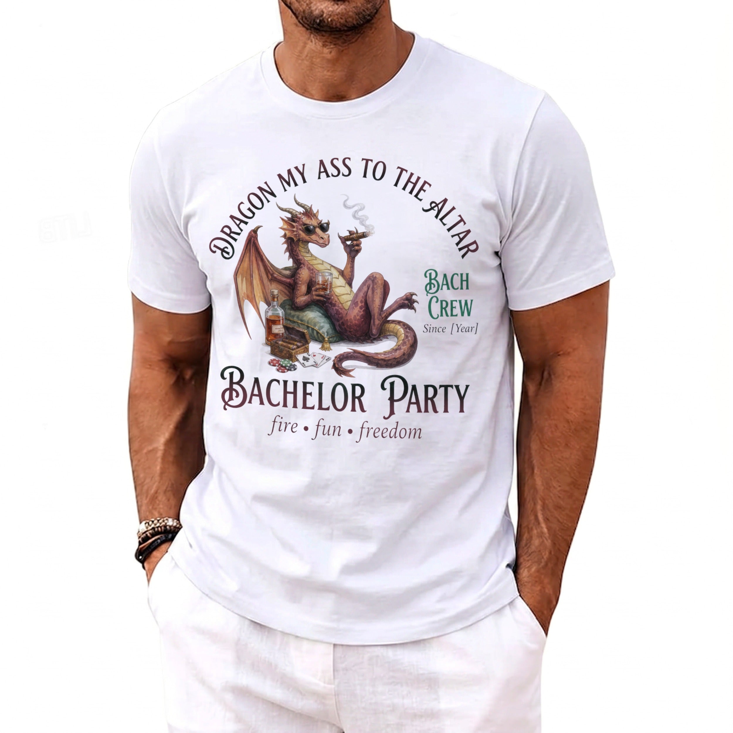 White t-shirt with dragon smoking cigar, holding drink, and text "BACHELOR PARTY".