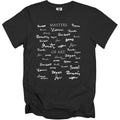 Black t-shirt with white text listing art masters like Monet, Van Gogh, Degas, and Renoir.