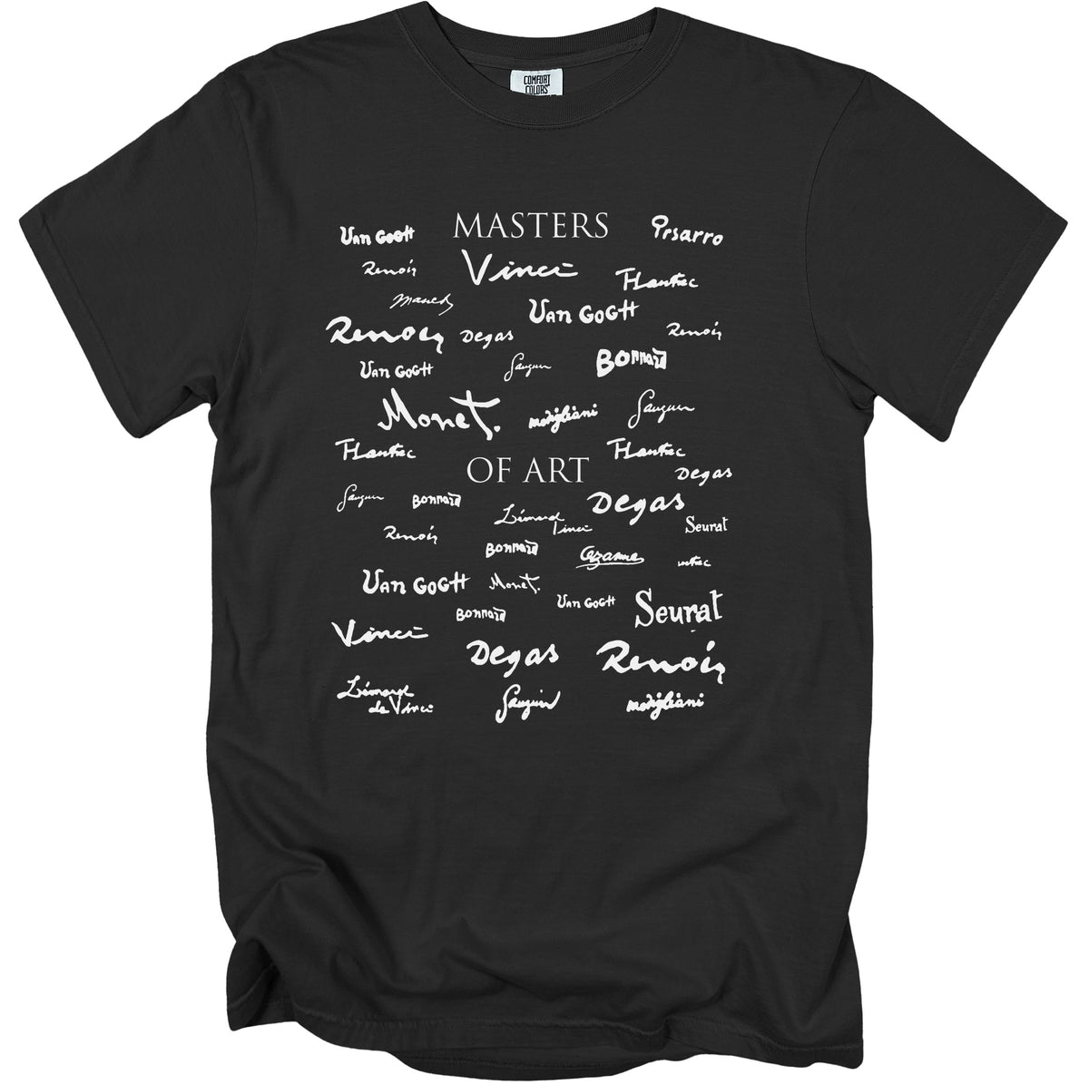 Black t-shirt with white text listing art masters like Monet, Van Gogh, Degas, and Renoir.