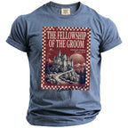 Blue t-shirt with "The Fellowship of the Groom" graphic featuring a castle.