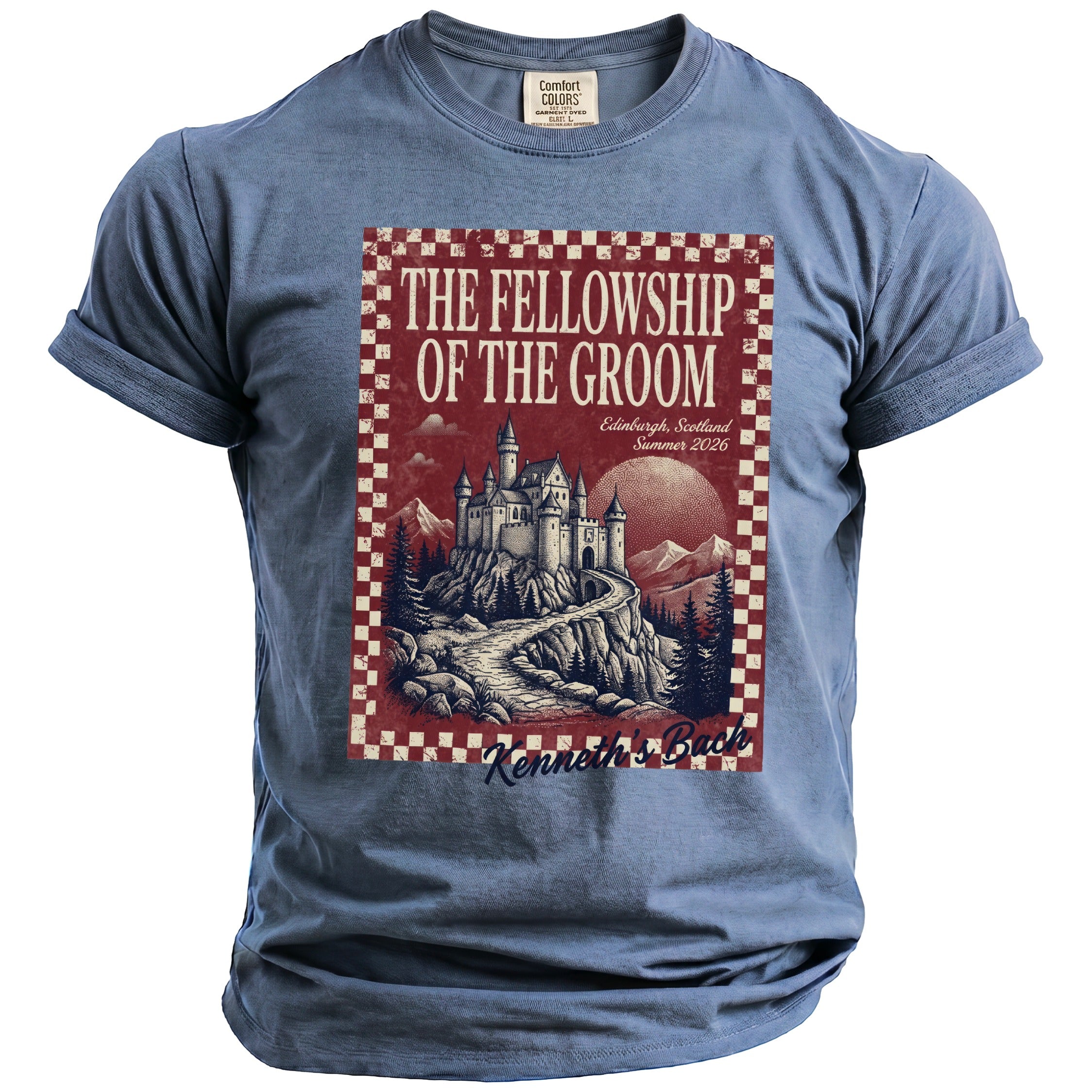 Blue t-shirt with "The Fellowship of the Groom" graphic featuring a castle.