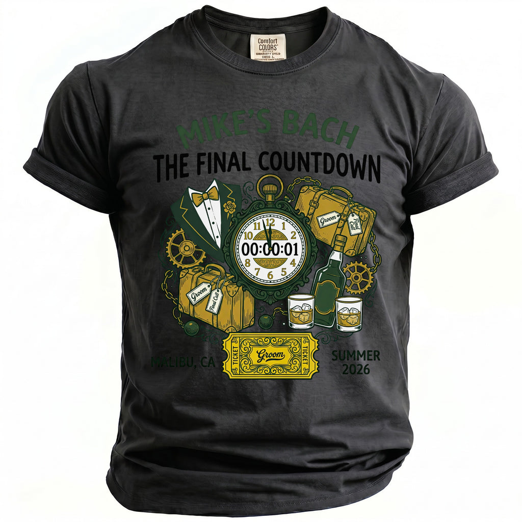 T-shirt with "Mike's Bach The Final Countdown" graphic. Includes watch, suitcases, drinks.