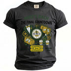T-shirt with "Mike's Bach The Final Countdown" graphic. Includes watch, suitcases, drinks.