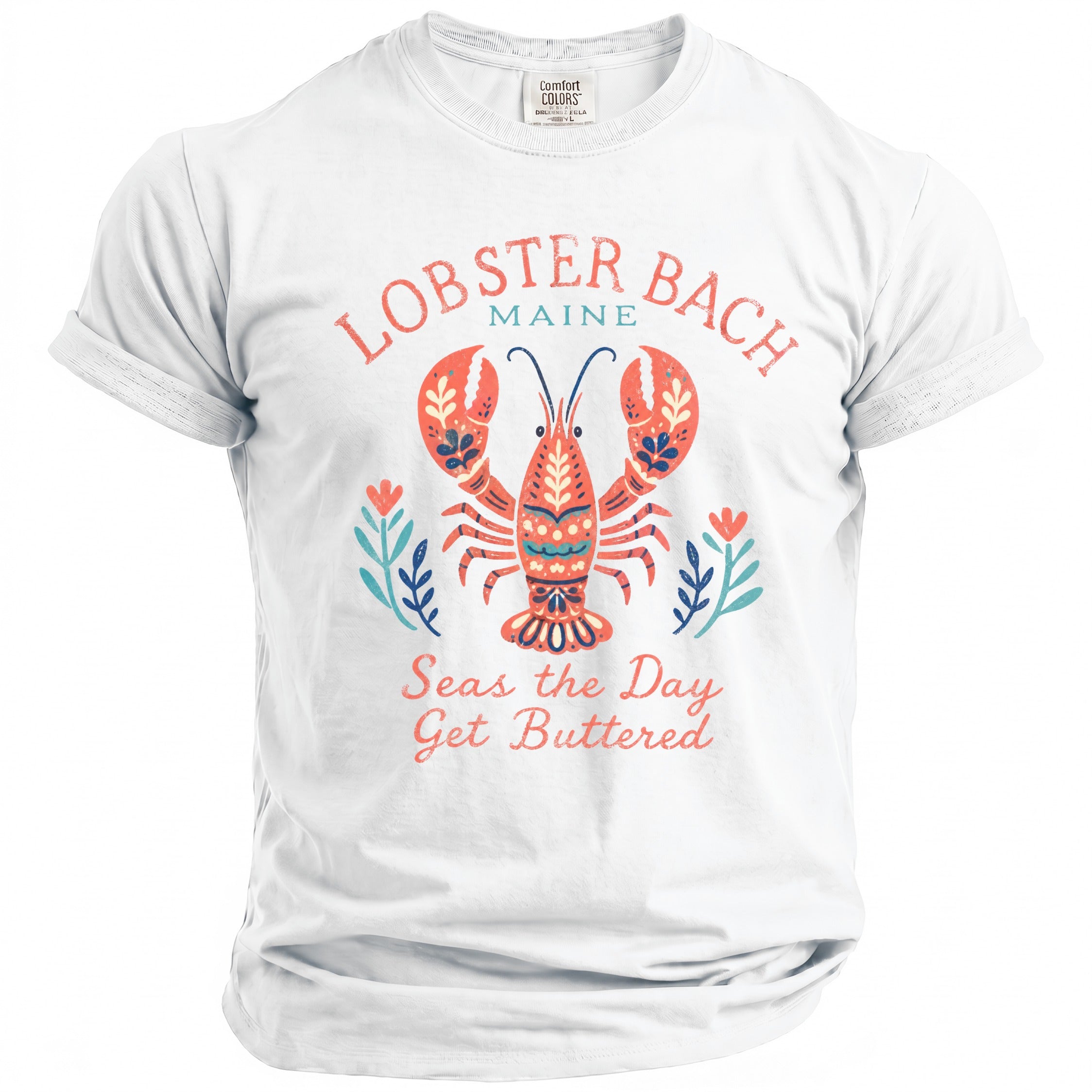 White t-shirt with "Lobster Bach Maine" and a lobster graphic.
