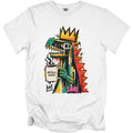 Abstract crowned dinosaur holds a mug that says "Artzila Koffee".