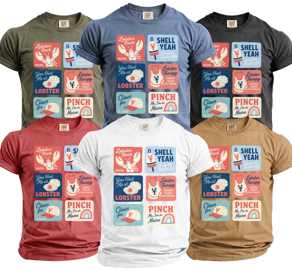 Six t-shirts in different colors with a graphic featuring six square panels about lobsters and Maine.
