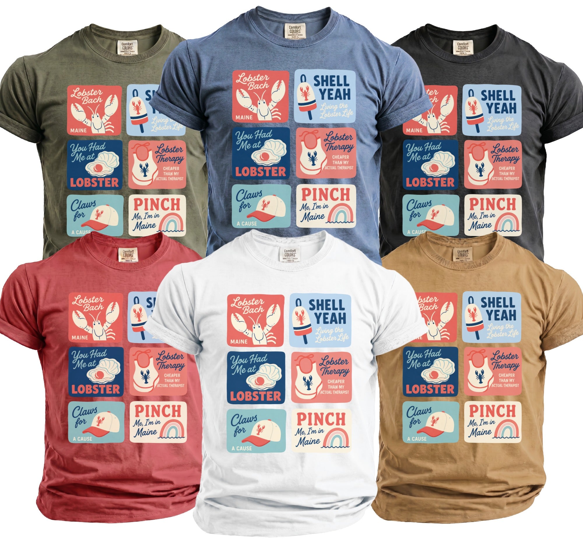 Six t-shirts in different colors with a graphic featuring six square panels about lobsters and Maine.