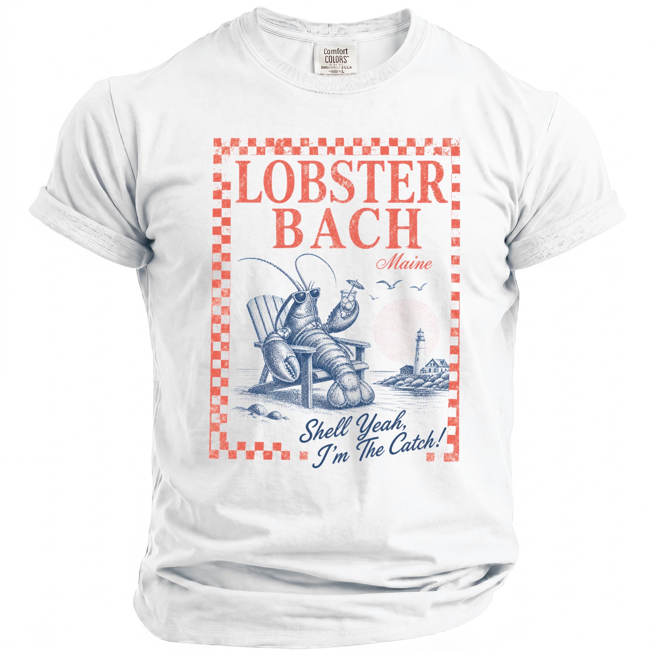 White t-shirt with "Lobster Bach Maine" graphic and lobster with drink.