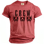 Red t-shirt with black flame-like text "CREW" and three red demon masks.
