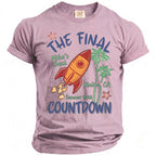 Lavender "The Final Countdown" t-shirt with rocket, palm trees, and starfish graphics.