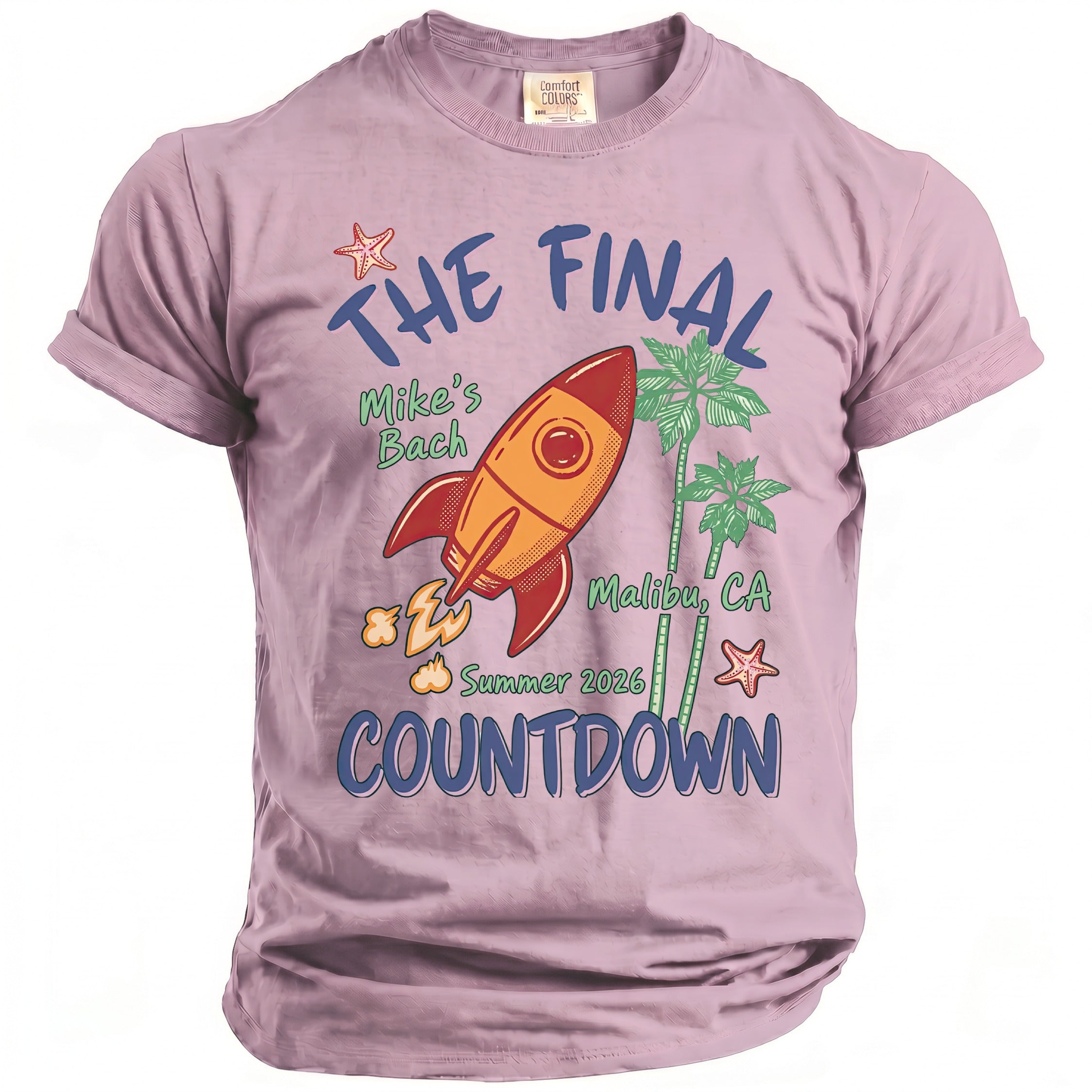 Lavender "The Final Countdown" t-shirt with rocket, palm trees, and starfish graphics.