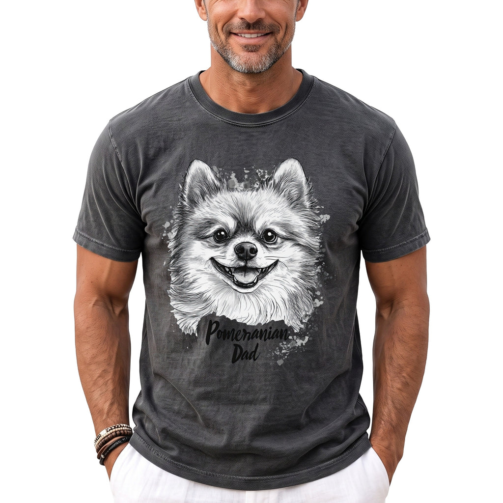 Pomeranian Dad graphic on a charcoal grey t-shirt worn by a man.