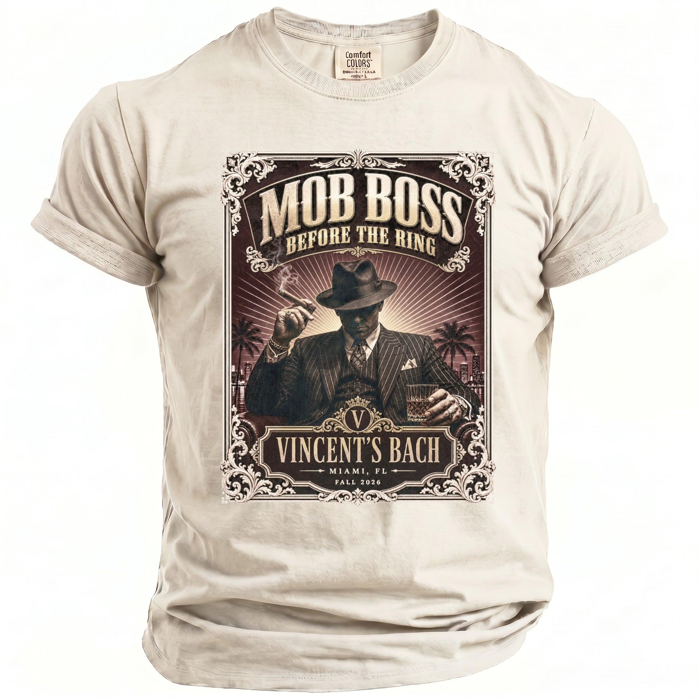 T-shirt with "Mob Boss Before the Ring" and "Vincent's Bach" graphic.