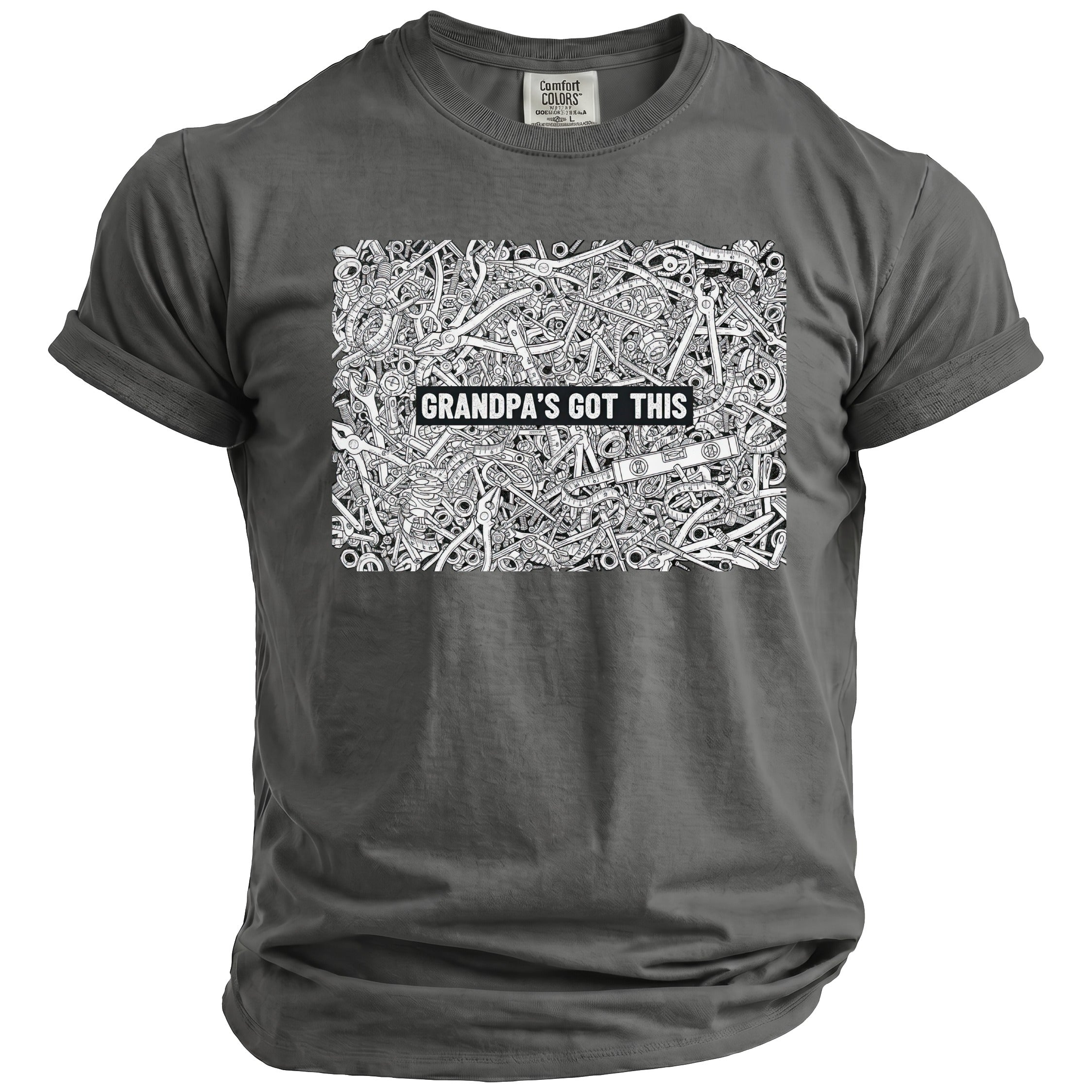 Gray t-shirt with "GRANDPA'S GOT THIS" text surrounded by drawing of tools.