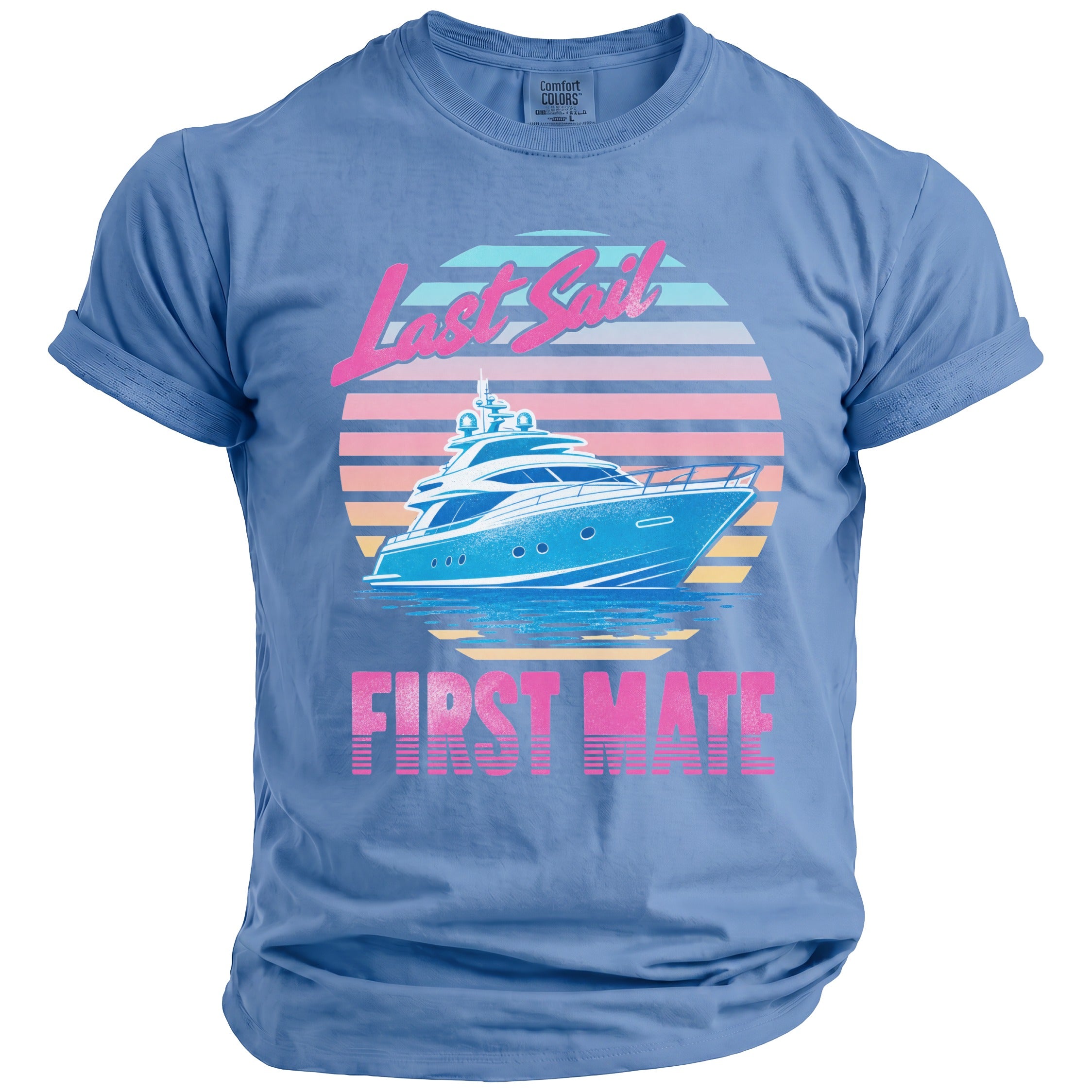 A blue crewneck t-shirt featuring a retro graphic of a yacht and text that reads Last Sail First Mate.