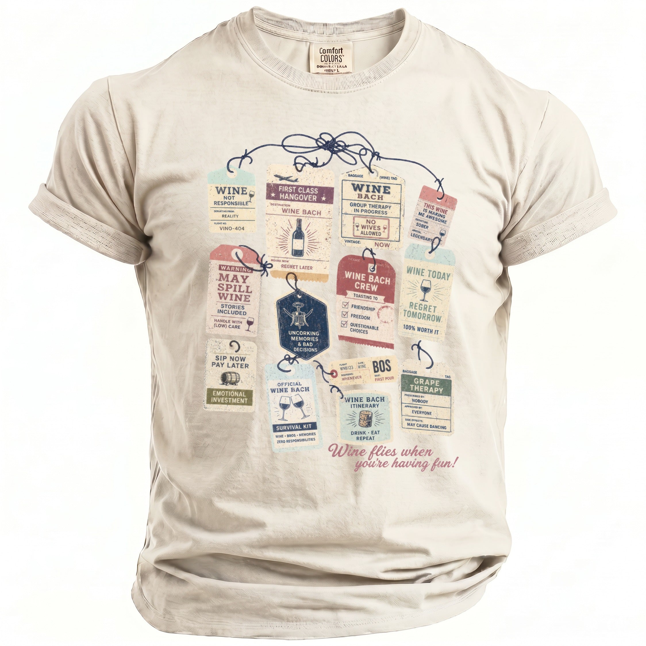 T-shirt with various wine-themed luggage tags and "Wine flies when you're having fun!" text.