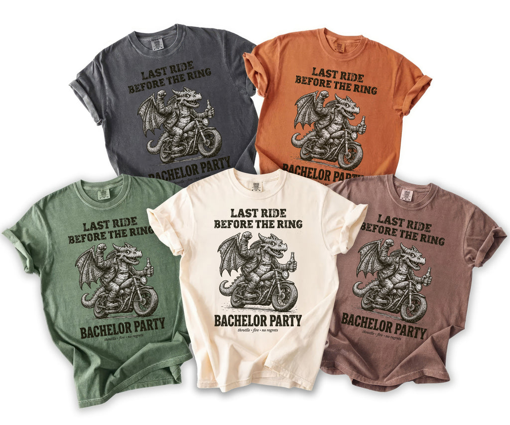 T-shirts feature a dragon riding a motorcycle with text "LAST RIDE BEFORE THE RING".