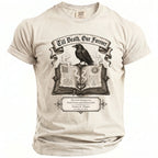 Cream t-shirt with text "Till Death, Our Forever" and a raven on a book.