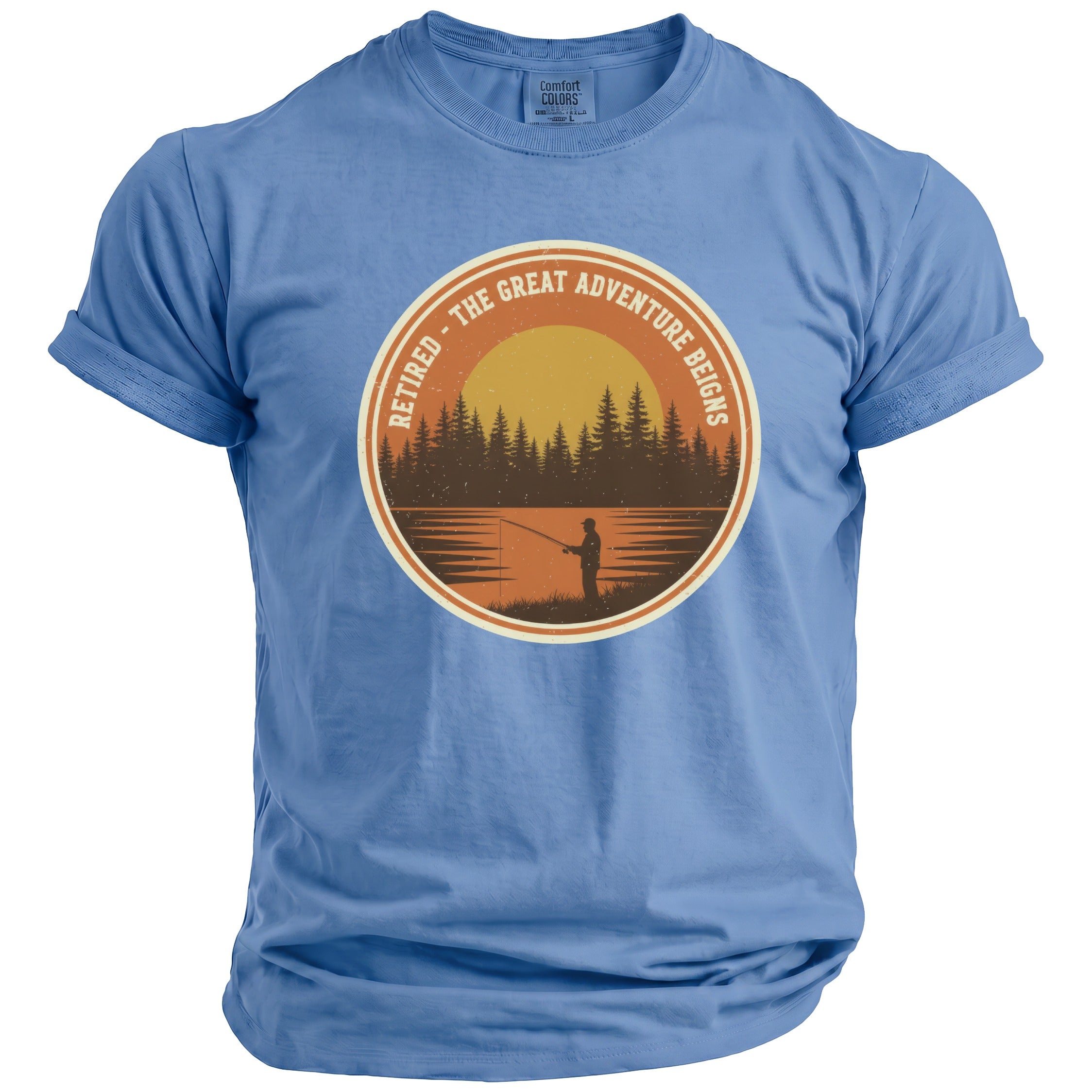 Blue t-shirt with a circular graphic of a sunset, pine trees, and a fisherman.