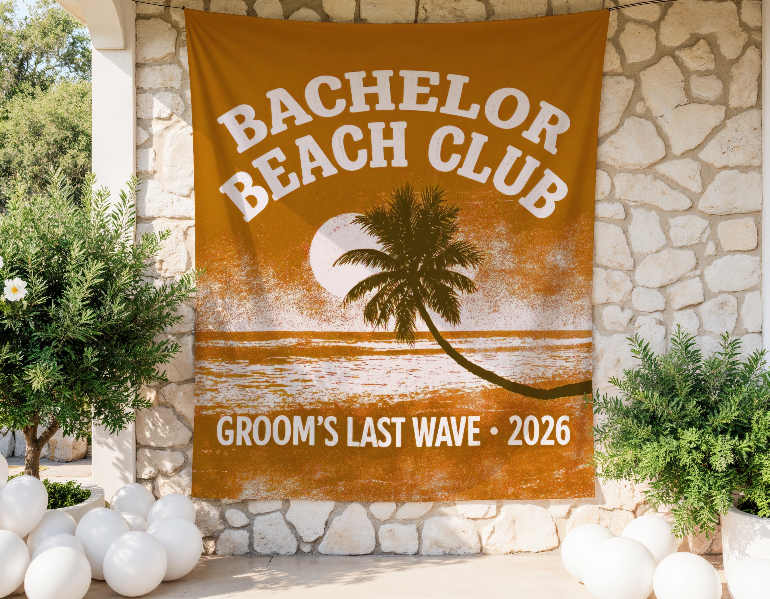 Bachelor Beach Club banner reads "Groom's Last Wave 2026" with a palm tree and ocean scene.