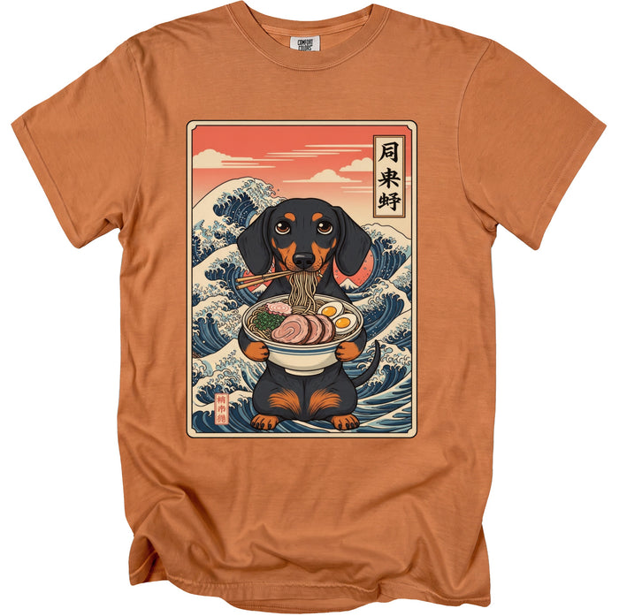 Dachshund eating ramen with chopsticks in front of a Japanese wave design.